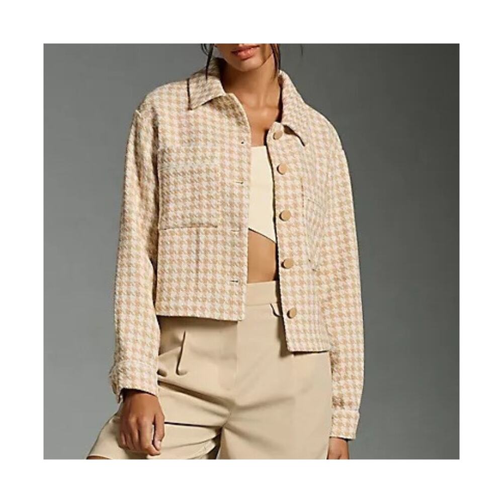 Anthropologie Dolan Tan White Houndstooth Knit Boxy Crop Career Blazer Jacket